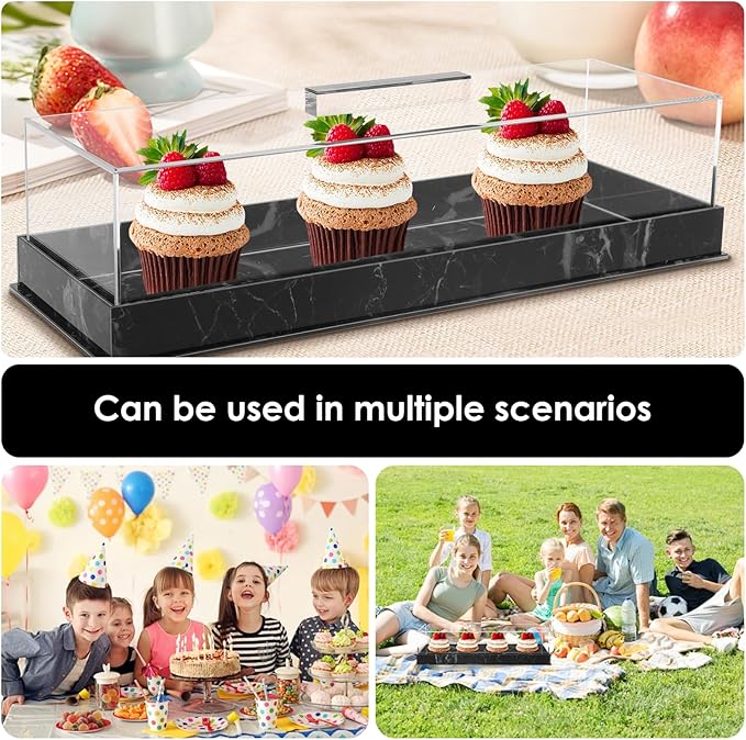 Rectangular Cake Tray with Lid, 14"x5" Acrylic Clear Cake Stand Platter, Marbleized Bakery Display Case Reusable Dessert Display Case Cake Tray for Countertop Cakes