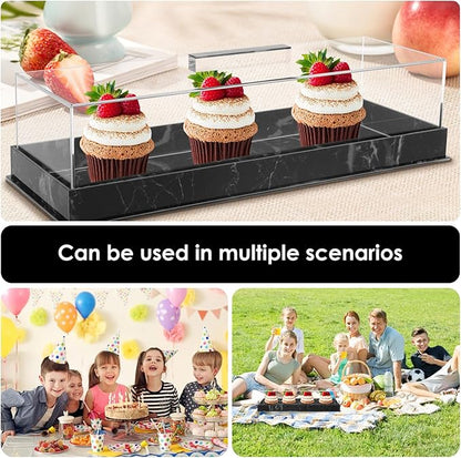 Rectangular Cake Tray with Lid, 14"x5" Acrylic Clear Cake Stand Platter, Marbleized Bakery Display Case Reusable Dessert Display Case Cake Tray for Countertop Cakes