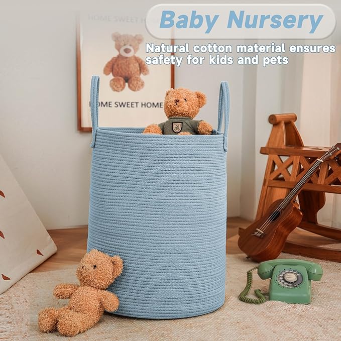 Large Woven Laundry Basket Hamper,60L Cotton Rope Storage Bin for Blankets,Toys and Clothes,Decorative Tall Nursery Hamper for Living Room,Baby Nursery,Bathroom and Bedroom,Blue