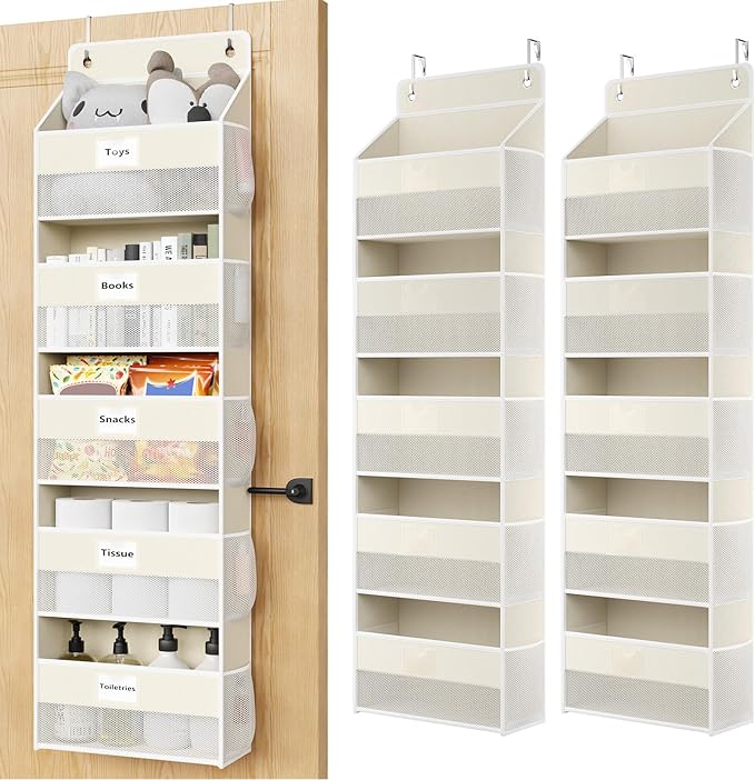 Over The Door Organizer Hanging, 2 Pack 5 Shelf Behind The Doors Storage, Pantry Door Organizer, Closet Organizers for Bedroom and Nursery (Beige)