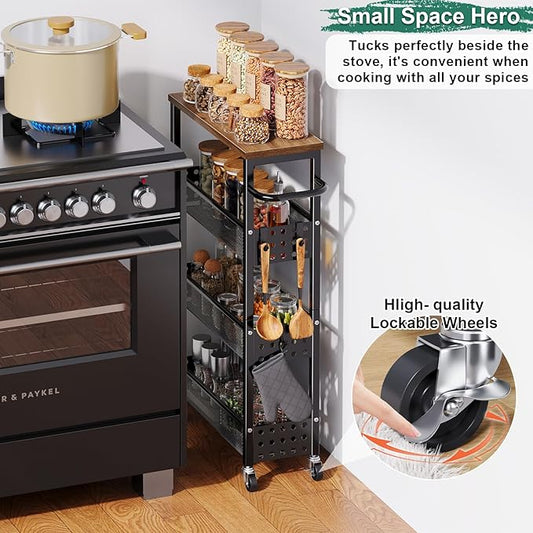 Utility Slim Storage Cart, Skinny Rolling Spice Rack with Table Top, Small Laundry Organizers and Storage Shelves for Between Washer and Dryer, Thin Shelf for Narrow Spaces, 4 Tier Bathroom Cabinet