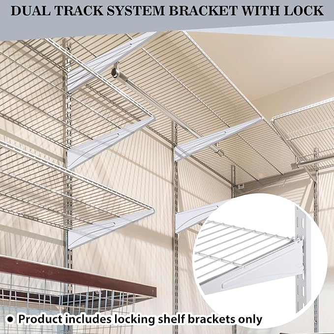 Adjustable Locking Shelf Bracket 16 Inch Shelf Brackets Heavy Duty Wire Shelving Brackets for Deep Wire Shelving Double Track System(White,6 Pcs)