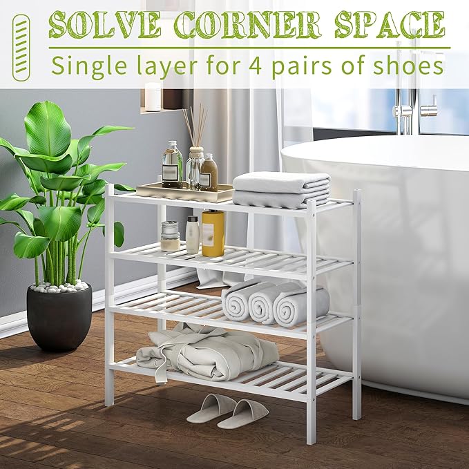 BMOSU 4-Tier Bamboo Shoe Rack Premium Stackable Shoe Shelf Storage Organizer for Hallway Closet Living Room Entryway Organizer(White Bamboo)