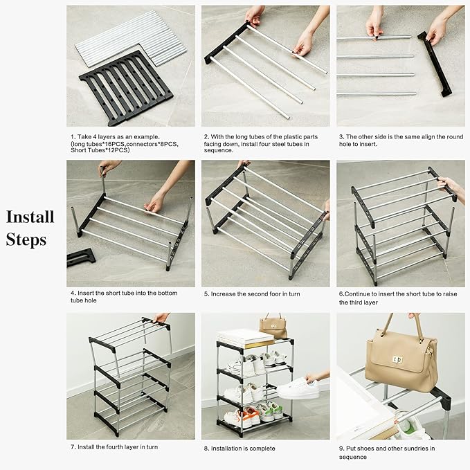 Stackable Small Shoe Rack for Closet 3 Tier, Sturdy Shoe Rack Organizer for Front Door Entrance and Entryway, Free Standing Metal Shoe Shelf Storage for Closet Bedroom Garage Black
