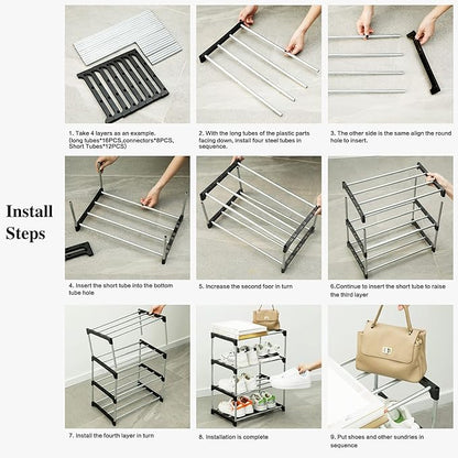 Stackable Small Shoe Rack for Closet 3 Tier, Sturdy Shoe Rack Organizer for Front Door Entrance and Entryway, Free Standing Metal Shoe Shelf Storage for Closet Bedroom Garage Black