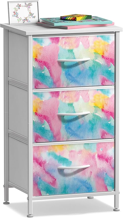 Sorbus Nightstand with 3 Drawers - Bedside Furniture & Accent End Table Chest for Home, Bedroom Accessories, Office, College Dorm, Steel Frame, Wood Top, Pastel Fabric Bins
