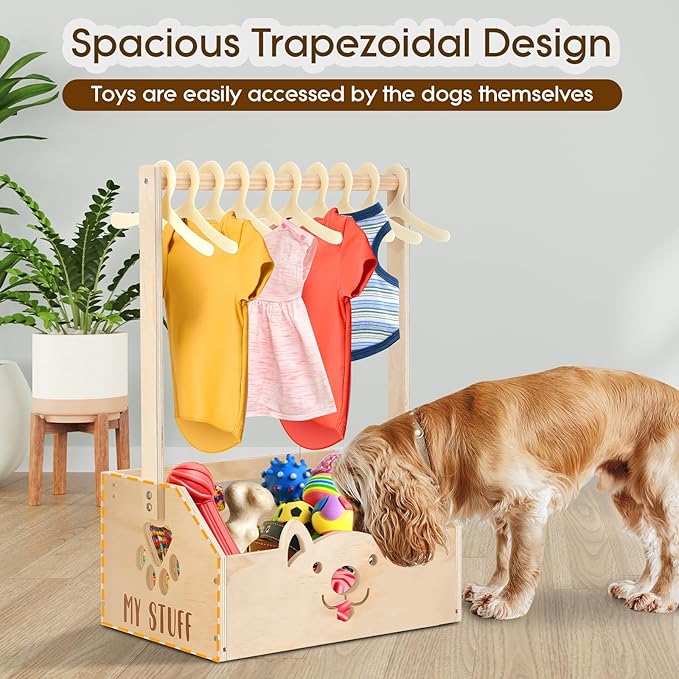 Chunful Dog Closet Wooden Pet Wardrobe Closet Dog Toy Storage Bin with Handle Pet Clothes Rack for Cat Organization and Storage Accessories, 19" x 13" x 9"