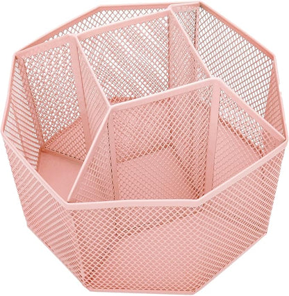 Annova Mesh Desk Organizer Rotate with 5 Compartments Spinning Tidy Candy/Pen Holder Office, Art Supply, Storage, Classroom, Home (Light Pink)