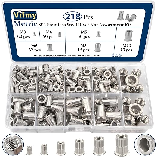 Metric 304 Stainless Steel Rivet Nut Assortment Kit(218 Pcs),M3 M4 M5 M6 M8 M10 Flat Head Rivnut Set,Rivnut Threaded Insert Nut