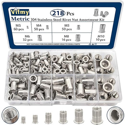 Metric 304 Stainless Steel Rivet Nut Assortment Kit(218 Pcs),M3 M4 M5 M6 M8 M10 Flat Head Rivnut Set,Rivnut Threaded Insert Nut