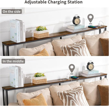 ELYKEN 5.9" Narrow Console Sofa Table with Power Outlets, 5.9" Dx70.9 Wx31.5 H Long Skinny Behind Couch Table with Charge Station and 6.5'Extension Cord, Rustic Brown