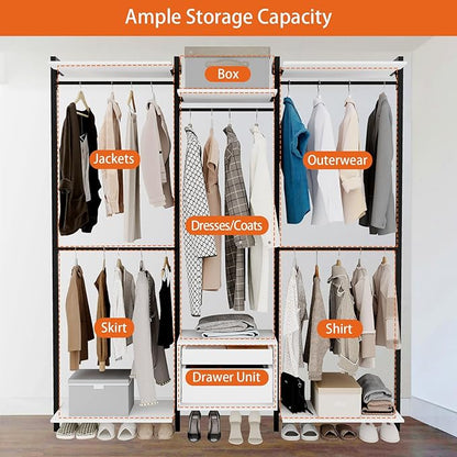 Wall-Mounted Steel & Wood Closet Organizer System with 4 Adjustable Shelves, 5 Hanging Rods, and 2 Drawers – Modern Open Wardrobe, White