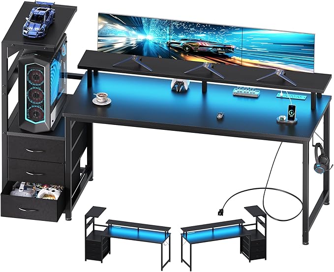 DUMOS L Shaped Gaming Desk with Shelves Storage Drawers 58'', Black Computer Desks with LED Lights Power Outlets, Office Wood Table with PC Stand Cable Management for Bedroom Dual Monitor Streaming
