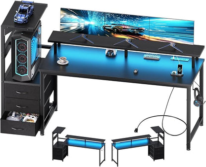 DUMOS L Shaped Gaming Desk with Shelves Storage Drawers 58'', Black Computer Desks with LED Lights Power Outlets, Office Wood Table with PC Stand Cable Management for Bedroom Dual Monitor Streaming