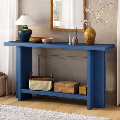 60-Inch Long Vintage-Inspired ConsoleTable with T-Leg Design, 2-Tier Entryway Table Sofa Table with Storage for Study, Entryway, Hallway, Living Room (Navy Blue-V19)