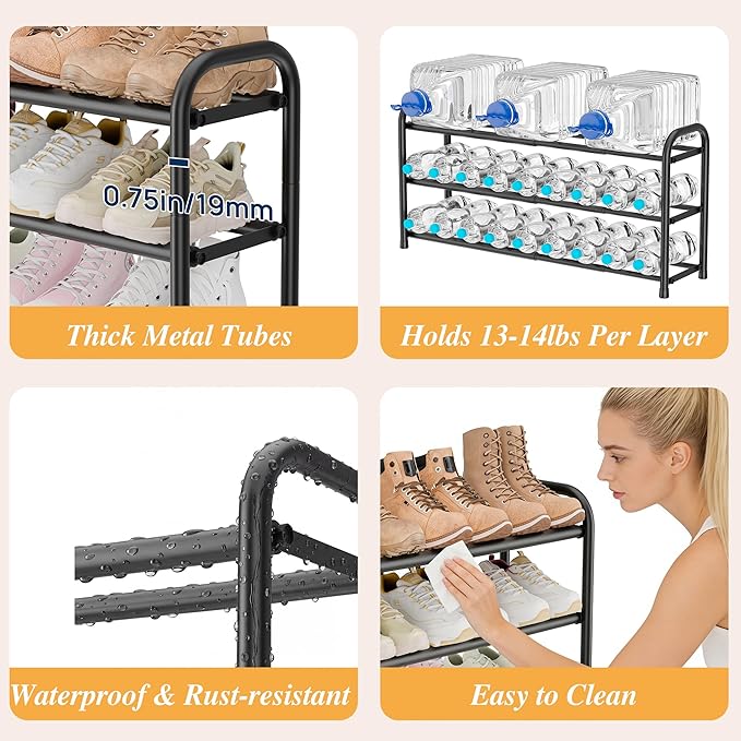 ENJOYBASICS Expandable Shoe Rack, 46.5'' Wide - 20 Pairs Adjustable Shoe Organizer Shelf for Closet, 3-Tier Black Metal Free Standing Shoe Rack Storage for Small Space, Entryway