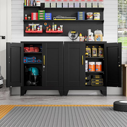 Black Metal File Cabinet with Lock (Two Units), Steel Storage Cabient with 2 Doors and 2 Adjustable Shelves, Multifunctional Locked Cabinet for Home/Office/Garage/Tool Room, Accent Furniture