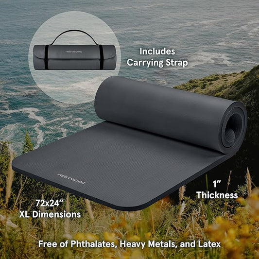 Retrospec Solana Yoga Mat 1" Thick w/Nylon Strap for Men & Women - Non Slip Exercise Mat for Home Yoga, Pilates, Stretching, Floor & Fitness Workouts