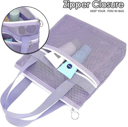 Mesh Shower Caddy Portable Shower Bag for Travel, Gym, Camping – Quick-Dry Hanging Toiletry Organizer with Zipper Pockets for Bathroom Essentials,Purple