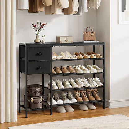 5-Tier Shoe Rack with 2 Fabric Drawers, Metal Frame and Wooden Board Shoe Organizer for 16-20 Pairs of Shoes, Shoe Shelf with Boots Storage for Entryway Closet Black