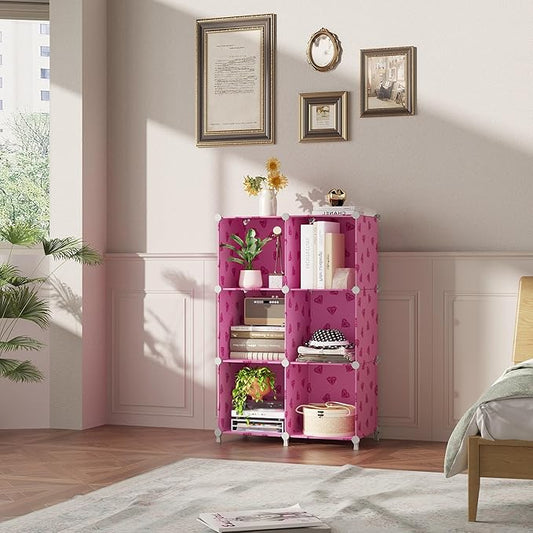 UNKU Cube Storage Organizer, 6 Cube Closet Organizer Storage Shelves, DIY Stackable Bookcase, Clothes Organizer Shelf for Closet, Bedroom, Living Room, Cabinet, Home, Office, Pink
