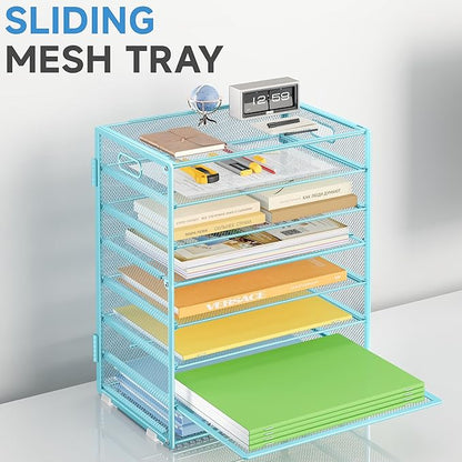2 Pack 8 Tier Paper Organizer with Handle, Metal Mesh Desk File Organizer, Large Capacity Desk Organizers Paper Letter Tray Desktop Document Sorter for Office, Home or School - Blue