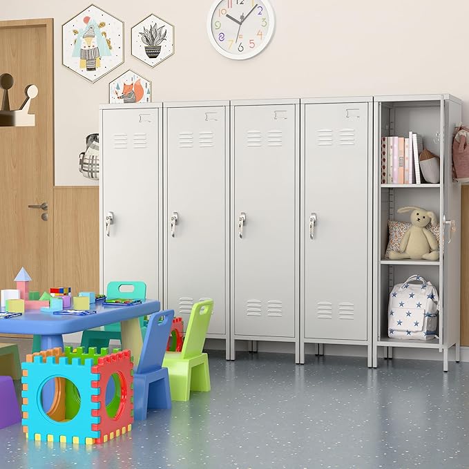 Lockable Metal Lockers with Handle,Metal Storage Locker with 2 Pegboard & 5 Hooks for Home,Office,School,White,Required Assembly,White