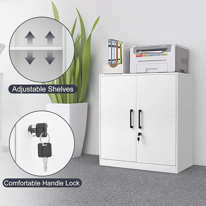 LUCYPAL Locking Storage Cabinets,Metal Cabinet with Adjustable Shelves and 2 Doors,Steel Counter Cabinet with Lockable Doors for Home Office (White)
