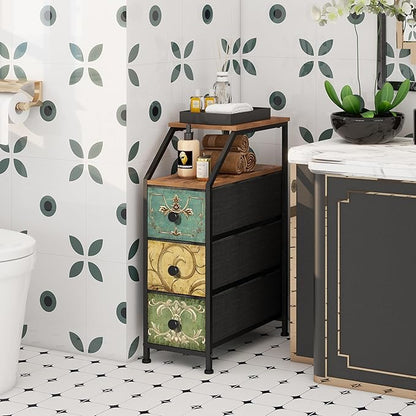 Tohomeor Narrow Dresser Tall Skinny Storage Tower Vertical Slim Chest of Drawers with Charging Station Small Nightstand Side Table for Bedroom, Bathroom, Small Spaces (Retro Flower, 3 Drawers)