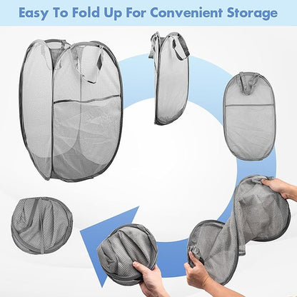 Pop Up Hamper, 2 PCS Mesh Pop Up Laundry Hamper, Foldable Mesh Laundry Basket with Space Saving Design for Home, Dorm, Travel and Storage, Gray