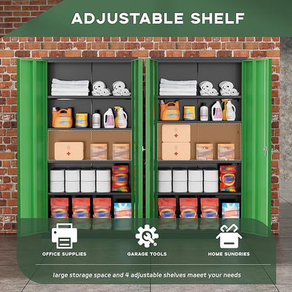 Greenvelly Metal Garage Storage Cabinet, 72" Black Green Tool Steel Locking Cabinet with Doors and 4 Shelves, Tall Cabinets for Garage Storage Systems Lockable File Cabinet for Home Office,Garage