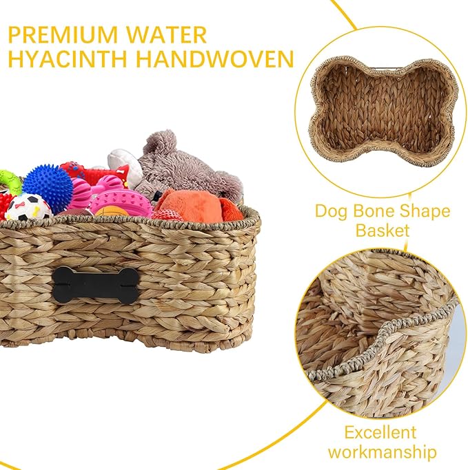 Pet Dog Toy Basket - Bone Shape Storage Bin, Personalized Organizer for Cat Toys, Wicker Holder Box for Living Room, Handmade Water Hyacinth