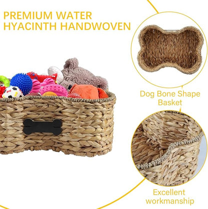 Pet Dog Toy Basket - Bone Shape Storage Bin, Personalized Organizer for Cat Toys, Wicker Holder Box for Living Room, Handmade Water Hyacinth
