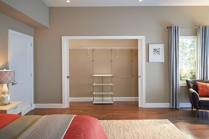 ClosetMaid® Maximizer™ Closet Accessory, Add Adjustable Storage Space, 4 Shelves, Double Hang Rod, Tool Free, Add On Unit, White