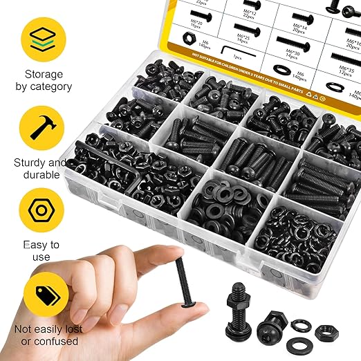 560PCS M6 Hex Socket Button Head Bolt Assortment Kit, M6-1.0x10/12/14/16/20/25/30/35 mm Button Head Cap Bolts Nuts Washers Screws Assorted Set, Grade 12.9 Alloy Steel Black Zinc Plated