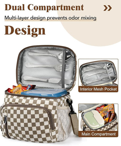 Insulated Lunch Bag for Men & Women, 9L Leakproof Lunch Box Soft Cooler Tote with 5 Pockets, 600D Oxford, EVA Lining, Adjustable Strap for Work, Picnic, Beach&Travel-Corduroy Khaki Checkered