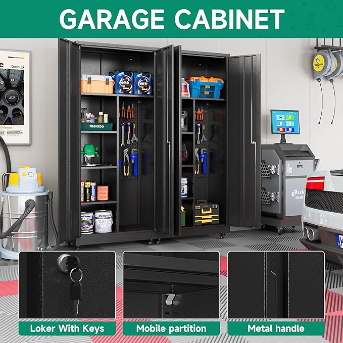 Metal Garage Storage Cabinet with Wheels, Locking Doors and Adjustable Shelves - Tall Black Cabinet for Office, Home, Garage, Shop