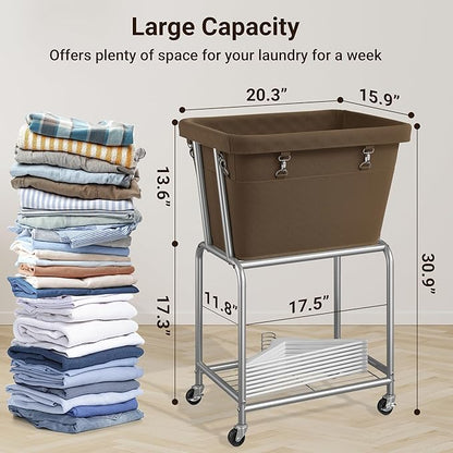 ELYKEN Rolling Laundry Hamper with Wheels, Laundry Cart with Removable Bag, Heavy Duty Metal Frame, 2-Tier Clothes Basket Hamper with Shelf for Closet, Bedroom, Bathroom, Laundry Room, Camel Brown