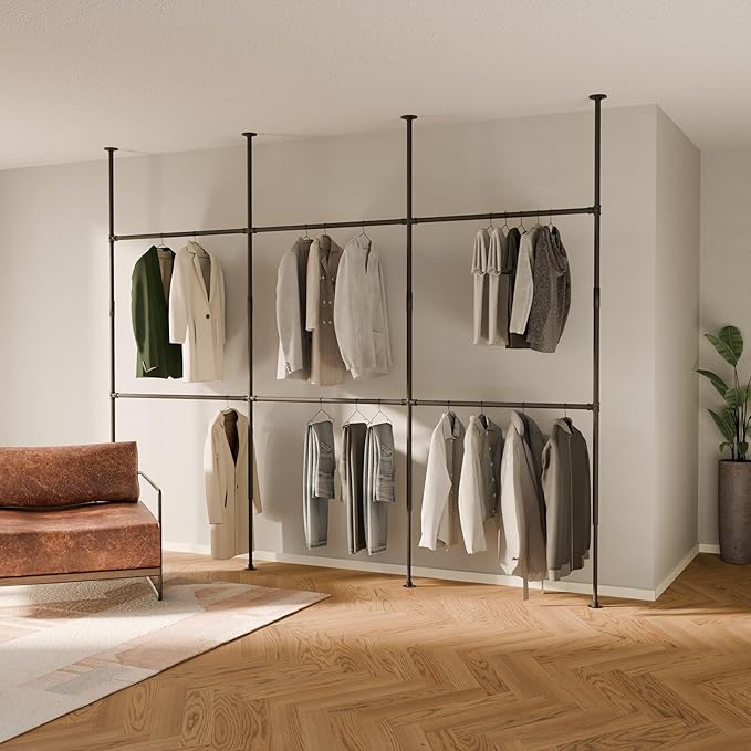 pamo Black Industrial Pipe Clothing Rack - LOFT III - Steplessly Adjustable Closet Organizer System for Ceiling Heights between 86" - 98"- Suitable as Closet Clothes Rack or Room Divider
