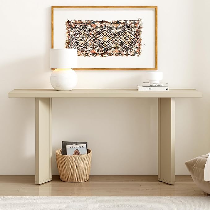 Modern Console Table with Pine Veneer and Geometric Legs, Sofa Table, Narrow Entryway Table Suitable for Living Room, Study, Dining Room, Foyer, Easy Assembly (Beige-WW12)