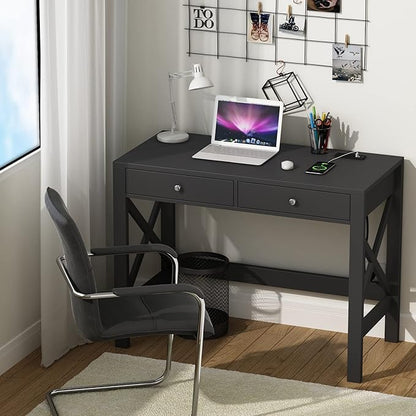 ChooChoo Computer Desk with USB Charging Ports and Power Outlets, Modern Simple 40 Inches Desk with Drawers, Makeup Vanity Console Table, Black