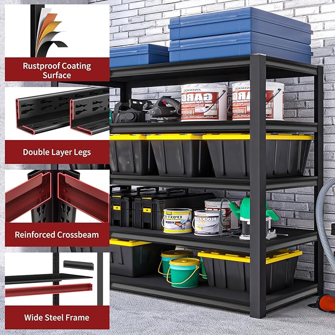 Shelving Units and Storage, 3000LBS Garage Storage Shelves, 5 Tier Shelving Unit, Steel Industrial Shelving, Adjustable Standing Shelf for Garage, Home, Warehouse 71" H x 36" W x 16" D, Black