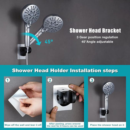 Handheld Shower Head Holder with 2 Hanger Hooks,Strong Adhesive&Waterproof No Drilling Wall Mount Shower Bracket for RV and Kids&Elders,Install Any Height&Fix Firmly,Black