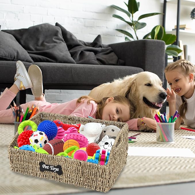 Pet Dog Toy Basket,Wicker Baskets with Built-in Handles,Dog Toy Bin,Farmhouse Puppy Toys Box,Dogs Storage Organizer for Leash Blanket Toys Snacks,Handwoven Seagrass Basket