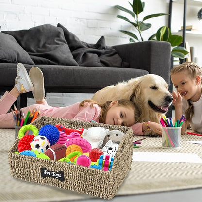 Pet Dog Toy Basket,Wicker Baskets with Built-in Handles,Dog Toy Bin,Farmhouse Puppy Toys Box,Dogs Storage Organizer for Leash Blanket Toys Snacks,Handwoven Seagrass Basket