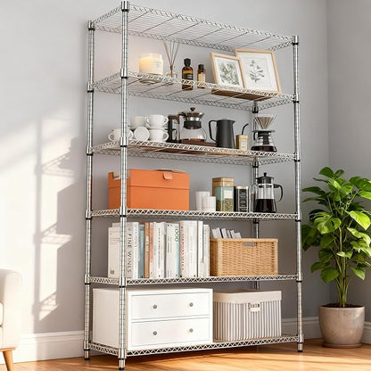 2100LBS 47.2" W 6 Tiers Shelf Storage Shelves Metal Shelving Unit Heavy Duty Garage Shelving Adjustable Wire Shelves for Pantry,Kitchen,Garage,Basement,Chrome 17.7" D x 47.2" W x 82.4" H