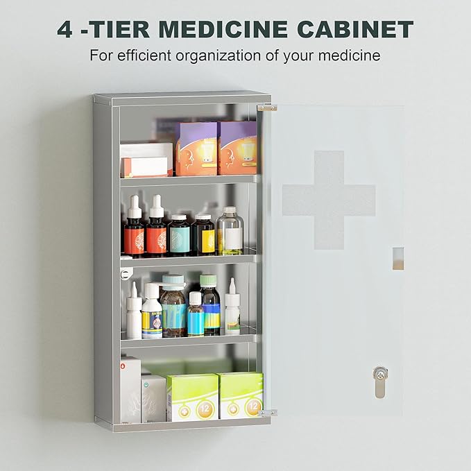 HOMCOM Wall Mounted Medicine Cabinet, Locking Wall Cabinet with 4 Tier Shelves, Stainless Steel Frame and Glass Door, Lockable with 2 Keys, Silver, 12" x 24"