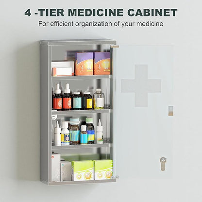 HOMCOM Wall Mounted Medicine Cabinet, Locking Wall Cabinet with 4 Tier Shelves, Stainless Steel Frame and Glass Door, Lockable with 2 Keys, Silver, 12" x 24"