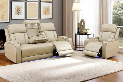 Power Reclining Couch Set for Living Room, Living Room Furniture Sets Include 1 Recliner Chair, 3 Seat Sofa, Soft Leather Khaki Recliner Sofa Furniture Set for Home and Office