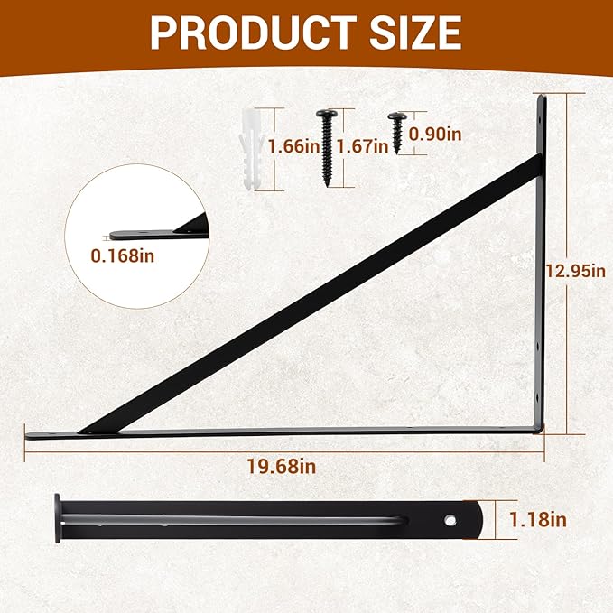 HOME MASTER HARDWARE 20inch x 13 inch Black Heavy Duty Shelf Brackets 6 Pack, Metal L Brackets with Screws - 90 Degree Angle Brackets for Shelves, Floating Shelf & Wall Mounted Shelf Support